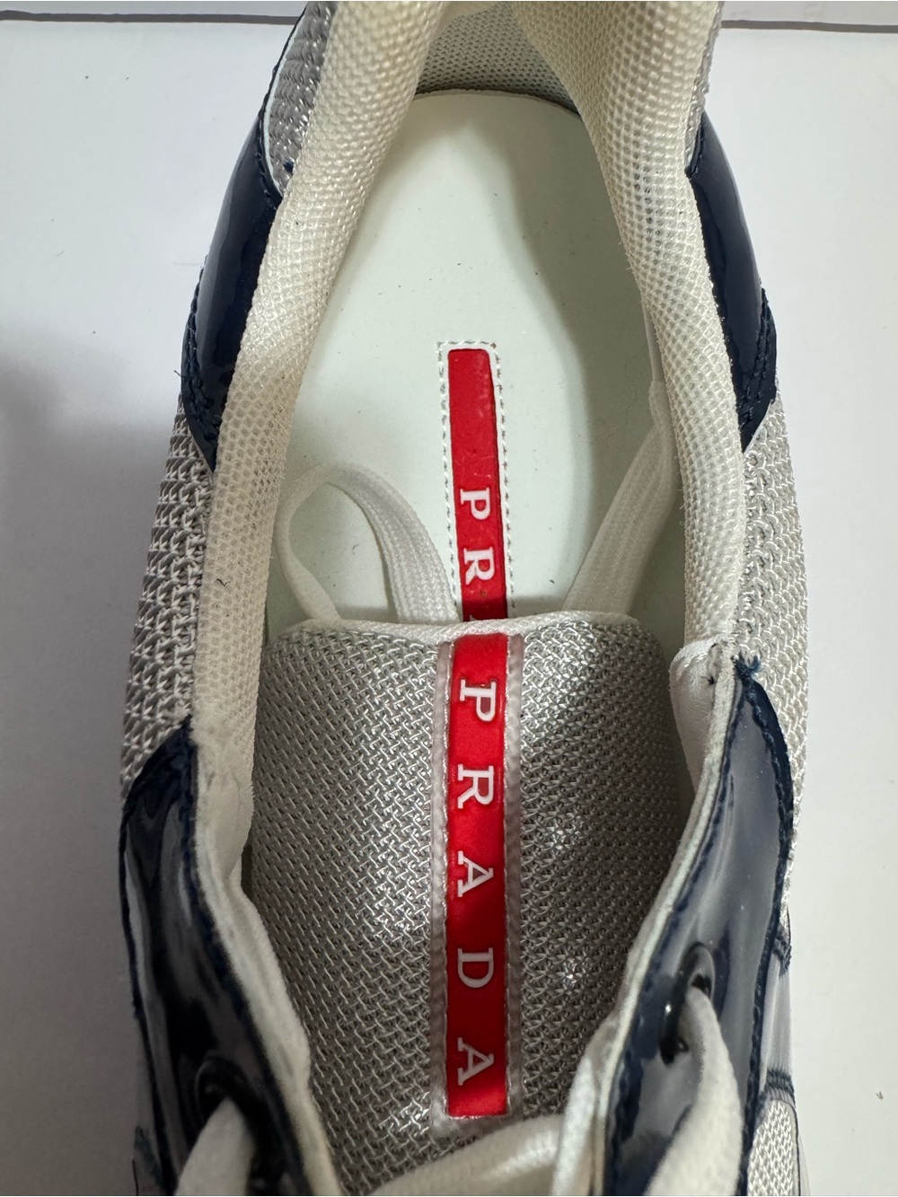 Prada America’s Cup Style Patent Mesh Sneakers Navy White Men’s Size 10.5 EU 44 - Picture 7 of 10